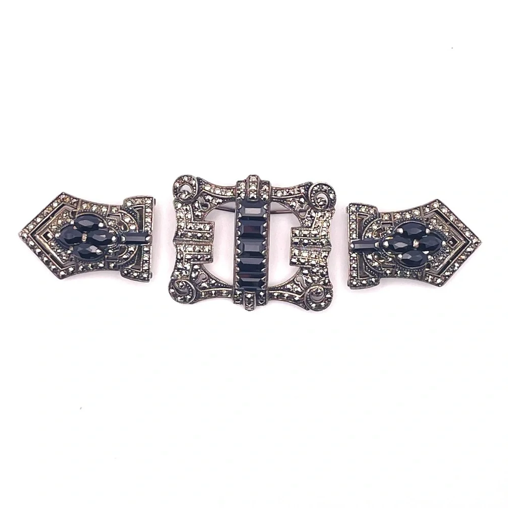 Vintage Art Deco Convertible Sterling Brooch Duette Dress Clip Set Black Crystal